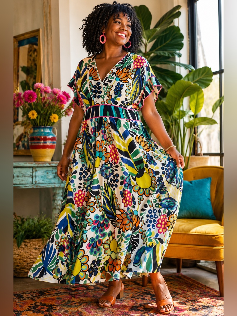 Wayward Fancies by eShakti Retro Botanical Maxi Dress | 1X 16W | Mod Floral Boho